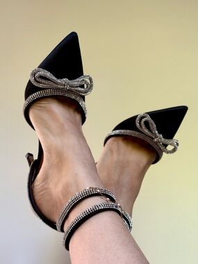 Express Black Rhinestone Bow Pointed-Toe Ankle-Strap Heels